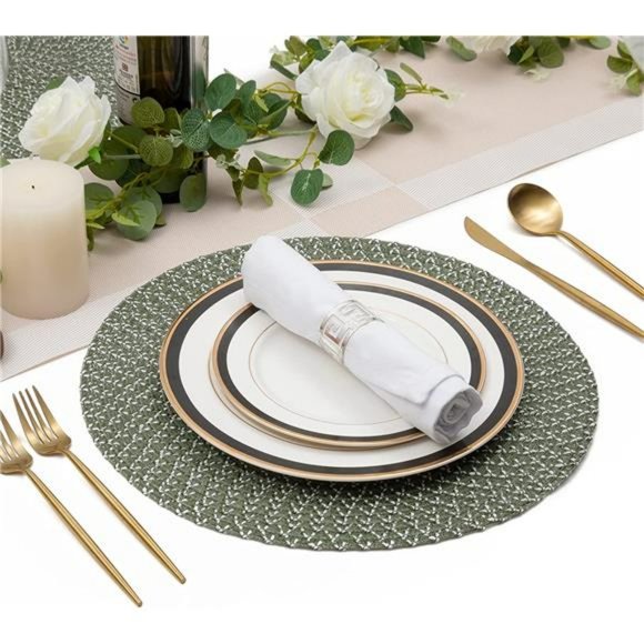 Round Braided Placemats Set of 6 Two Tone Woven Floral Table Mats Washable - Picture 6 of 7